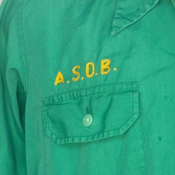 Vintage 1940s Mens Green Long Sleeve Shirt Al Chymia Temple Memphis Chain Stitch - Picture 5 of 10